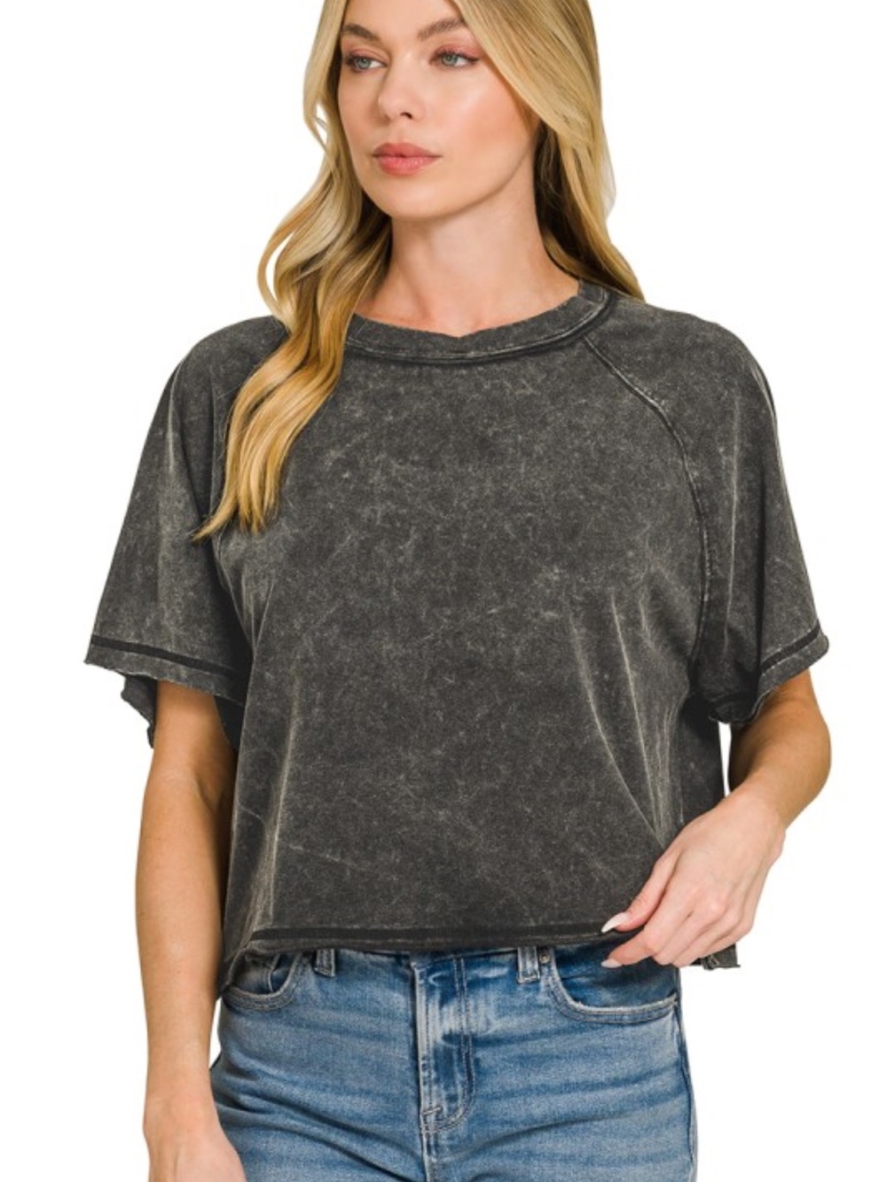 Zenana Acid Wash Cropped Tee NWT, Ash Black